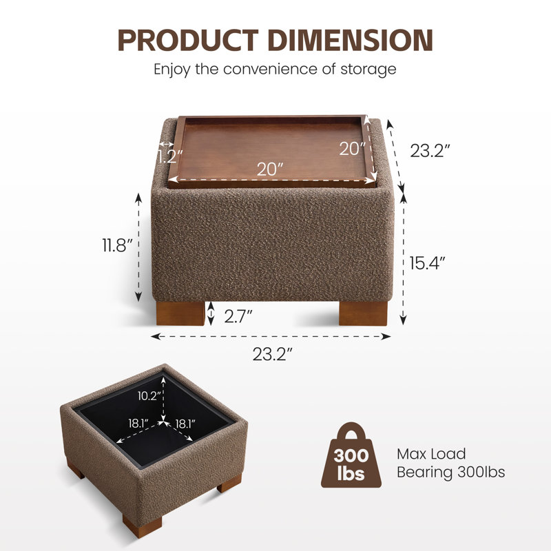 23.2" W Upholstered Square Storage Ottoman with Wooden Tray, Brown Boucle