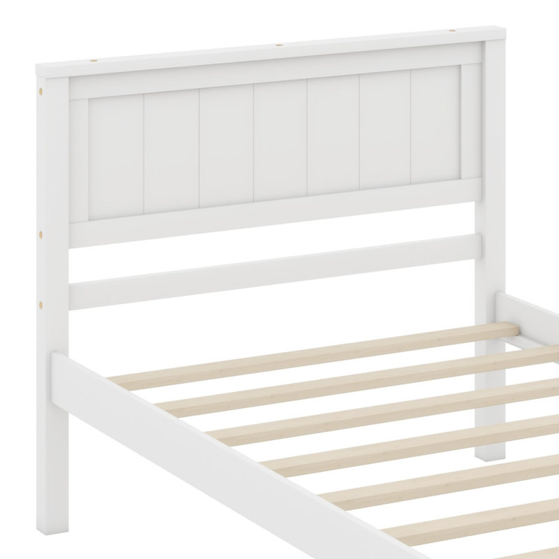 Platform Bed Frame With Headboard, Wood Slat Support, White
