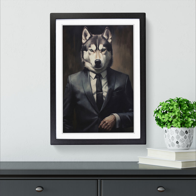 Husky In A Suit Painting No.3 - Single Picture Frame Print on Wood, 46cm H x 34cm W x 2cm D, Black Framed