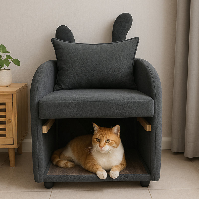 Fauteuil à oreilles double en tissu gris foncé foncé résistant aux égratignures, fauteuil à double usage pour animaux de compagnie, fauteuil à double usage de 27,4 po x 25,2 po x 37,4 po