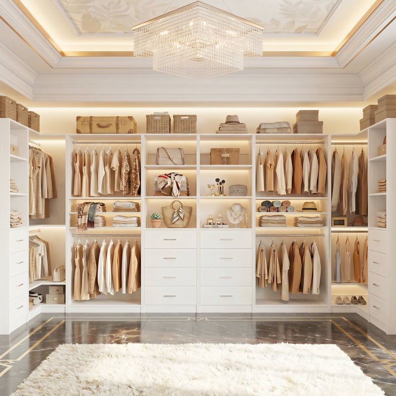 Système d'organisation 117,8 po avec tiroirs en bois, range-chaussures et tringles suspendues Welles, Blanc