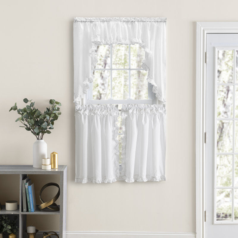 Aashriya Solid Rufled Cafe Curtain in White, 84" W x 36" L, White