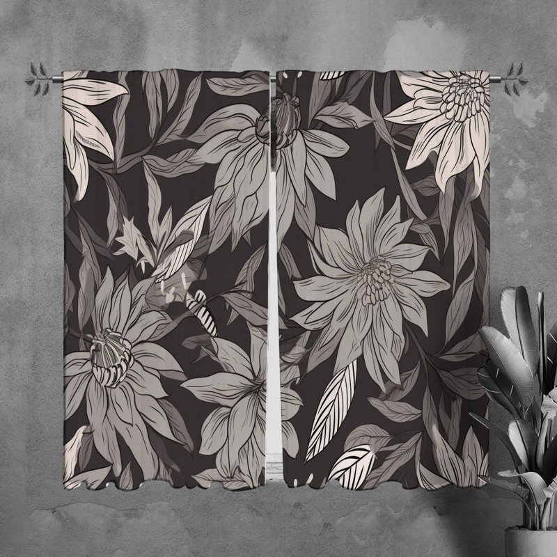 Motif floral de rideaux de fenêtre noirs - 5996, L 20 po x L 61 po