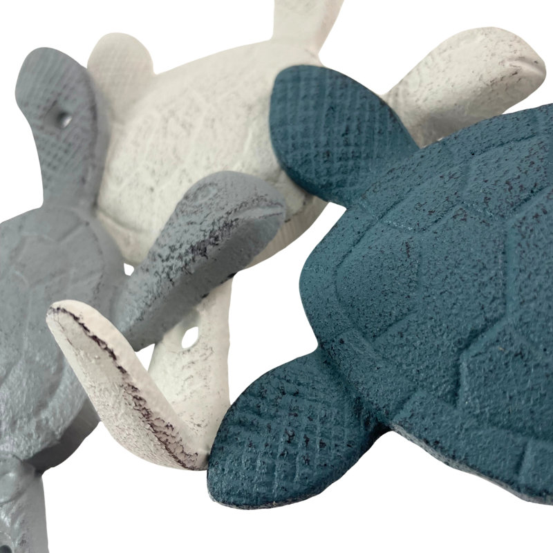 Ensemble de 3 crochets muraux en fonte, motif de tortues marines bleues, grises et blanches, 14,6 cm de large