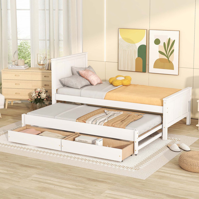 Lit plateforme simple avec lit gigogne et tiroirs, Blanc