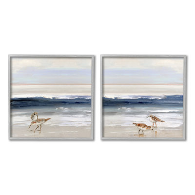 " Birds on Beach Shore Ocean Waves Blue Sky Landscape " 2 Piece Art Acrylic Painting