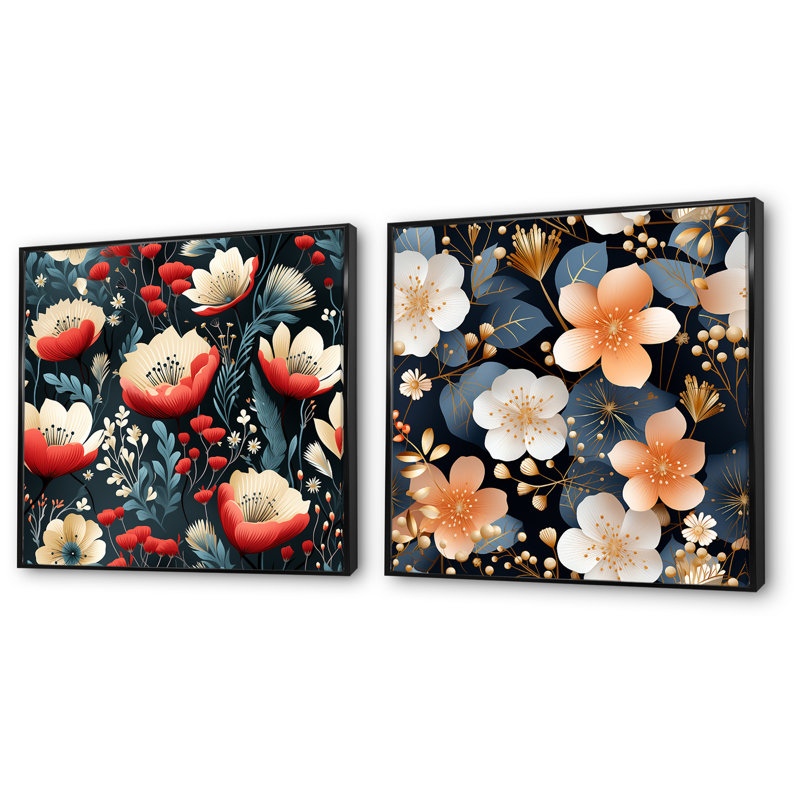 Elona - Ensemble de 2 décorations murales florales, Cadre flottant noir, H 30 po x l 61 po x P 1 po