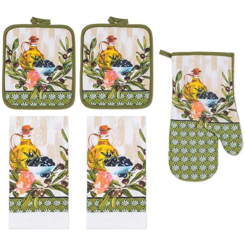 Ensemble de linge de cuisine imprimé 5 pièces PREMIUS, huile d'olive, 2 serviettes en coton, 2 poignées, 1 gant de cuisine