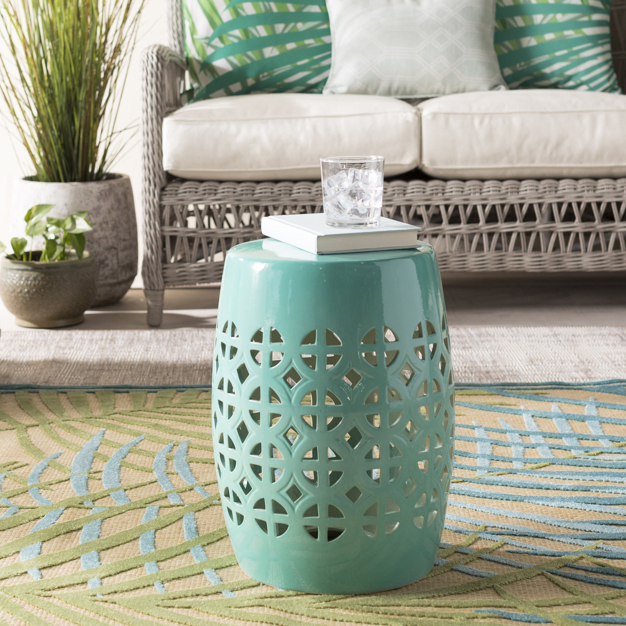 Becquere Ceramic/Porcelain Garden Stool, Sky Blue