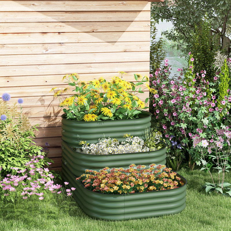 Ensemble de lit de jardin surélevé en acier galvanisé à 3 niveaux, Vert