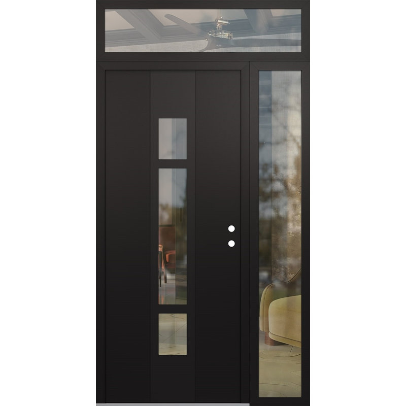 Porte d'entrée pré-suspendue en acier à panneau noir Diamond A9 avec panneau latéral et traverse, L 49,25 po x H 95,69 po