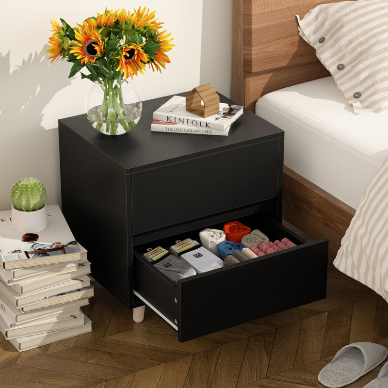 Table de chevet en polyfurniture MDF (2 tiroirs), Noir