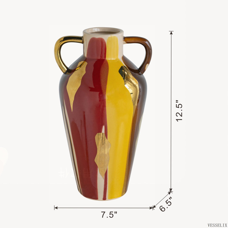 Vase amphore en céramique de 18,8 x 16,3 x 31,5 cm avec finition abstraite multicolore