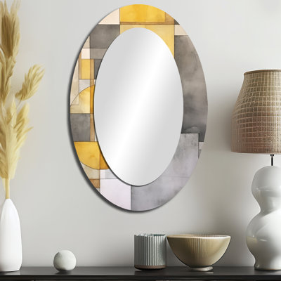 Jaune et gris, réalités qui se croisent I - Miroir décoratif ovale abstrait sur métal