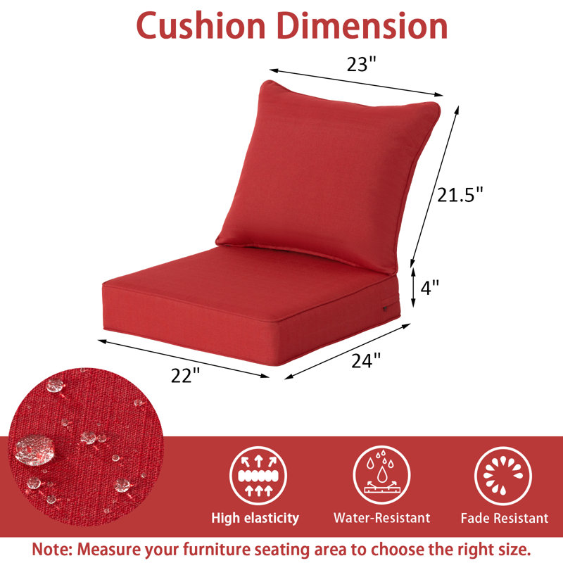 22" x 24" Outdoor/Indoor Deep Seat Patio Chair Cushions (Set of 2) - Water Resistant Design, Red