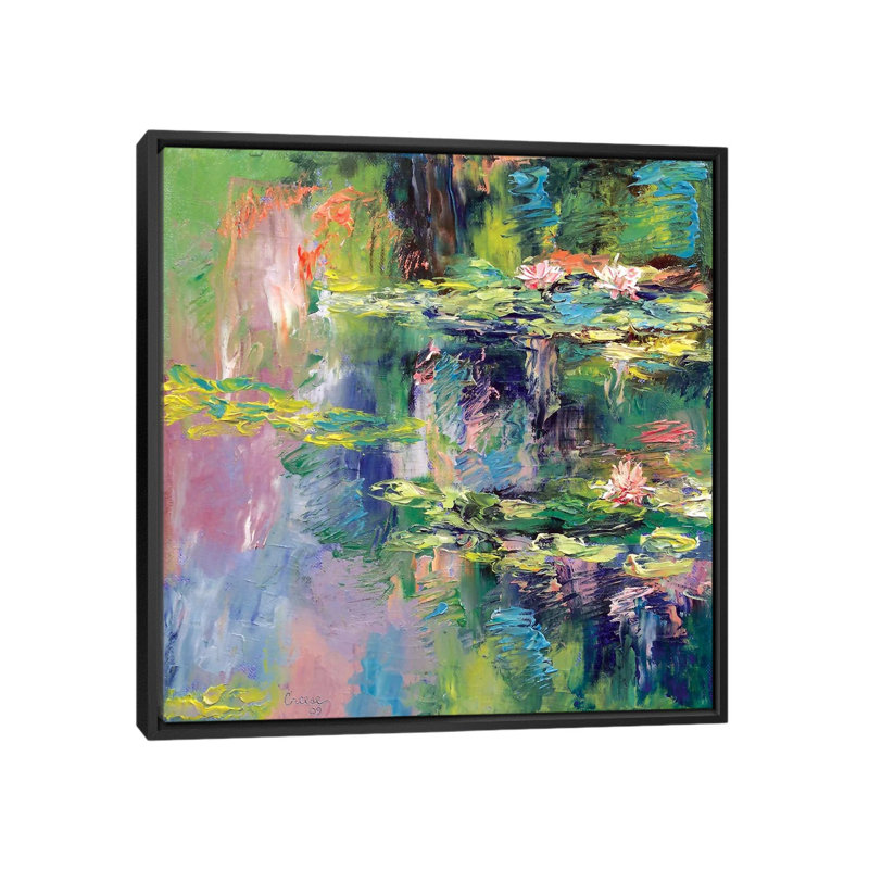 « water lilies », reproduction d’art sur toile, H 26 po x l 26 po x P 1,5 po, Toile avec cadre noir, Pas de tapis
