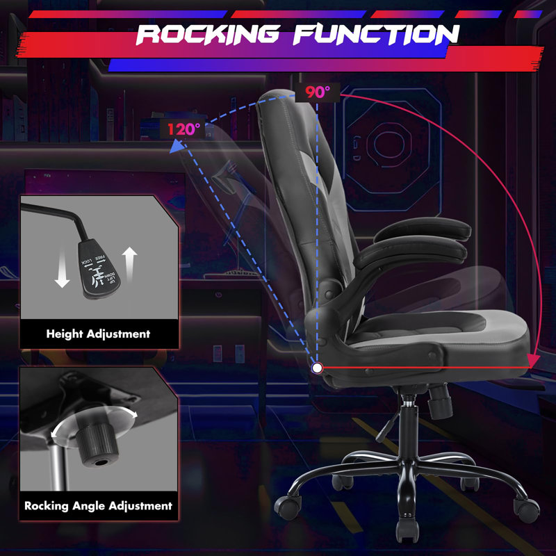 Computer Gaming Desk Chair - Ergonomic PU Leather with Comfy Lumbar Support, Height Adjustable Rolling Desk with Flip-up Armrests, for Home and Office