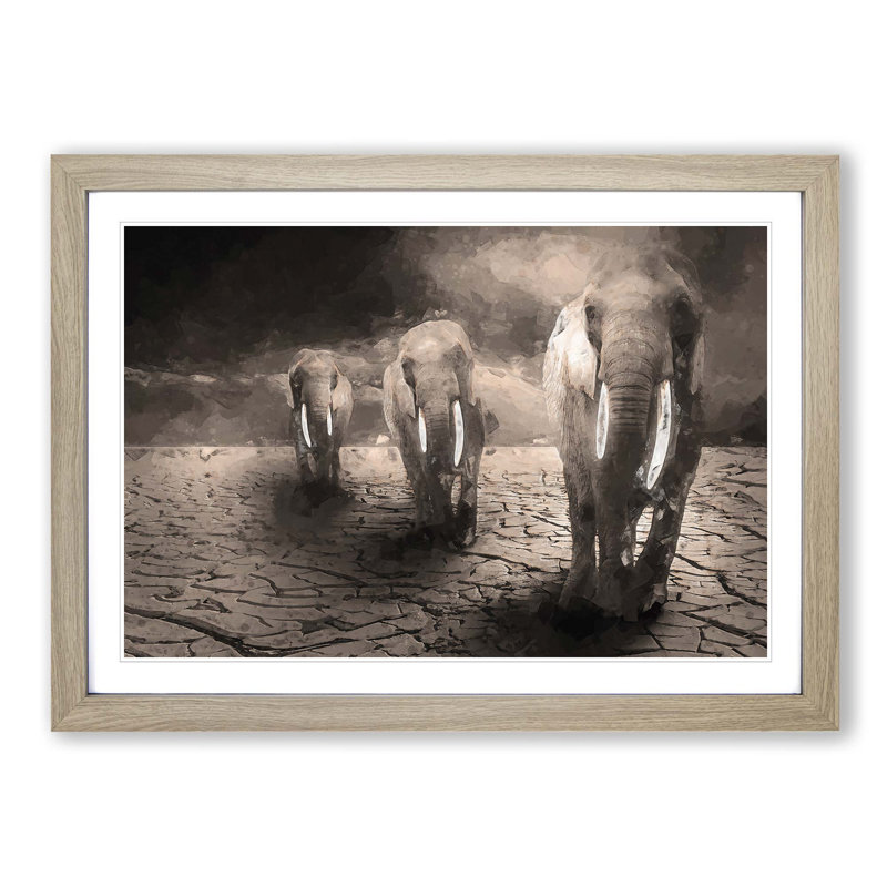 Trio of Elephants in Abstract - Picture Frame Graphic Art Print, 60cm H x 91cm W x 2cm D, Oak