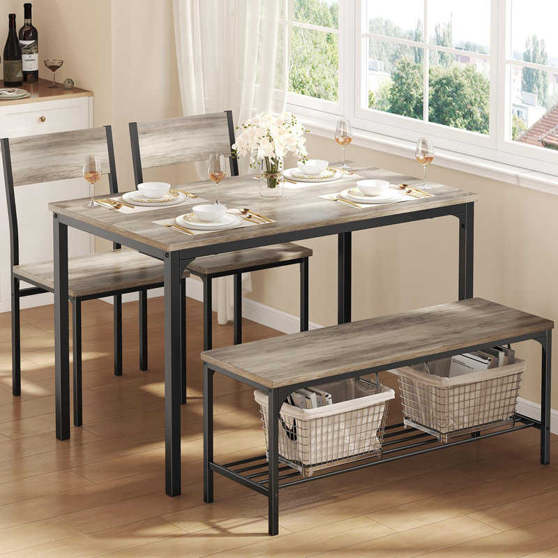Ensemble de table de salle à manger 4 pièces pour 4 personnes avec 2 bancs, Gris