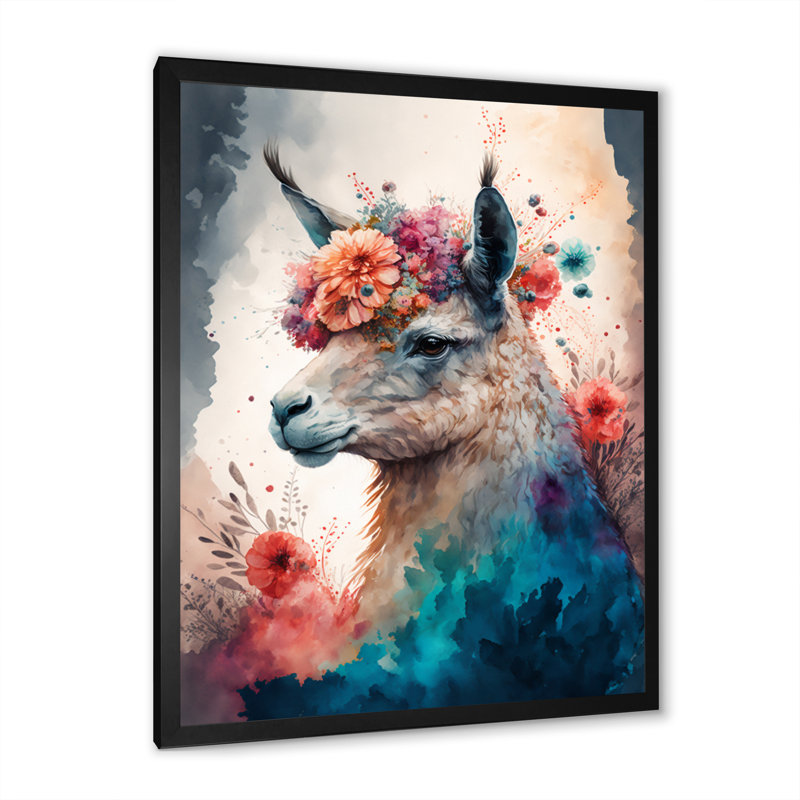 «Cute Llama Floral Art I», peinture sur toile, H 20 po x l 12 po x P 1 po, Impression noire sur toile encadrée