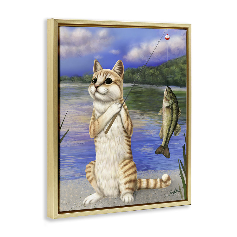 «Fishing Cat» par Lake, art mural sur toile flottant noir par Mehu Art, Cadre flottant métallique doré, H 31 po x l 25 po
