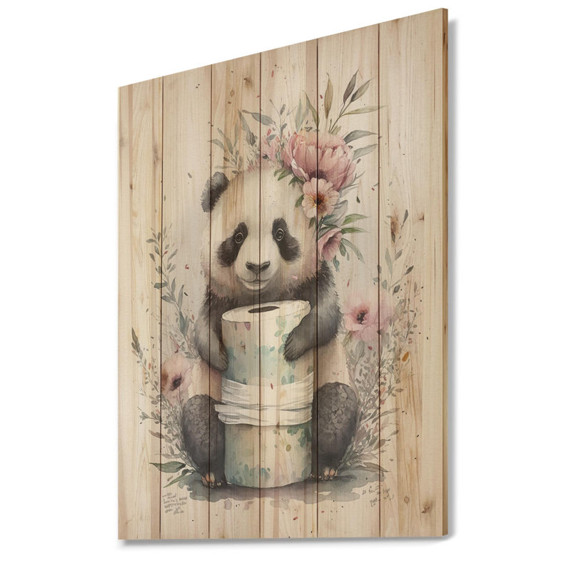 Panda Debora avec rouleau de papier hygiénique et fleurs - impression sans cadre sur bois, H 32 po x l 16 po x P 1 po