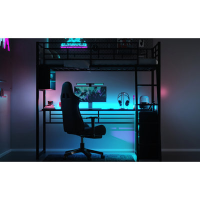 Twin Size Loft Bed With Led, Desk, Shelves - Modern Black Look Metal Frame Led Desk & Stylish Space Saver