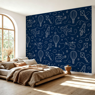 Papier peint adhésif autocollant amovible pour enfants, transport aérien, fusée décorative, papier contact amovible pour salon, chambre à coucher H 69 po x l 96 po