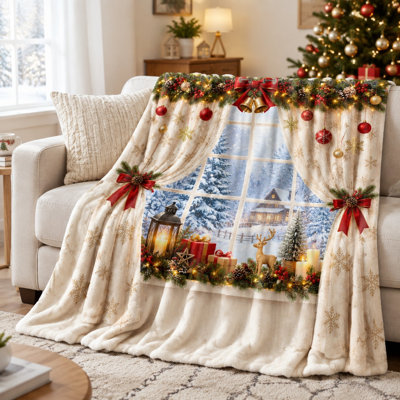 Cozy Christmas Scene Window Fleece Throw Blanket, Warm Decorative Bed Blanket for Sofa, Couch, Bedroom, Living Room Home Decoration
