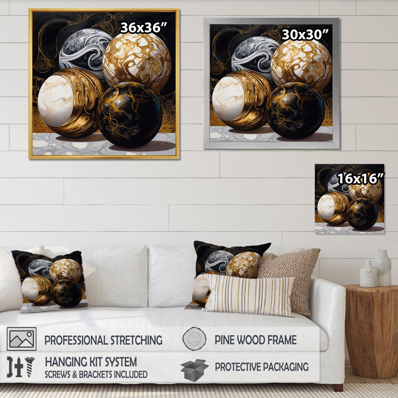 Formes éclatées dorées sur toile, H 24 po x l 24 po x P 1 po, Cadre simple noir