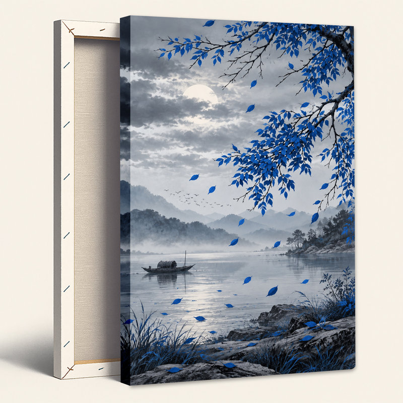 «Blue Leaves Over Misty Mountains», art mural sur toile, 48"H x 32"W