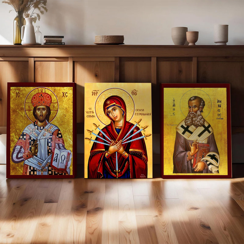 Ensemble de 3 affiches murales encadrées, triptyque d'icônes orthodoxes byzantines sur toile, décoration religieuse chrétienne représentant Jésus-Christ, la Vierge Marie et des saints, pour la maison, l'église ou le bureau. Décoration spirituelle sur fond doré. Œuvre d'art religieuse.
