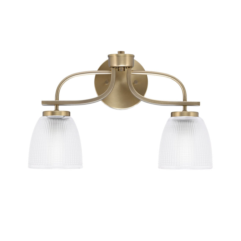 Unia 2 Light Bath Bar Shown In New Age Brass Finish With 5" Clear Ribbed Glass