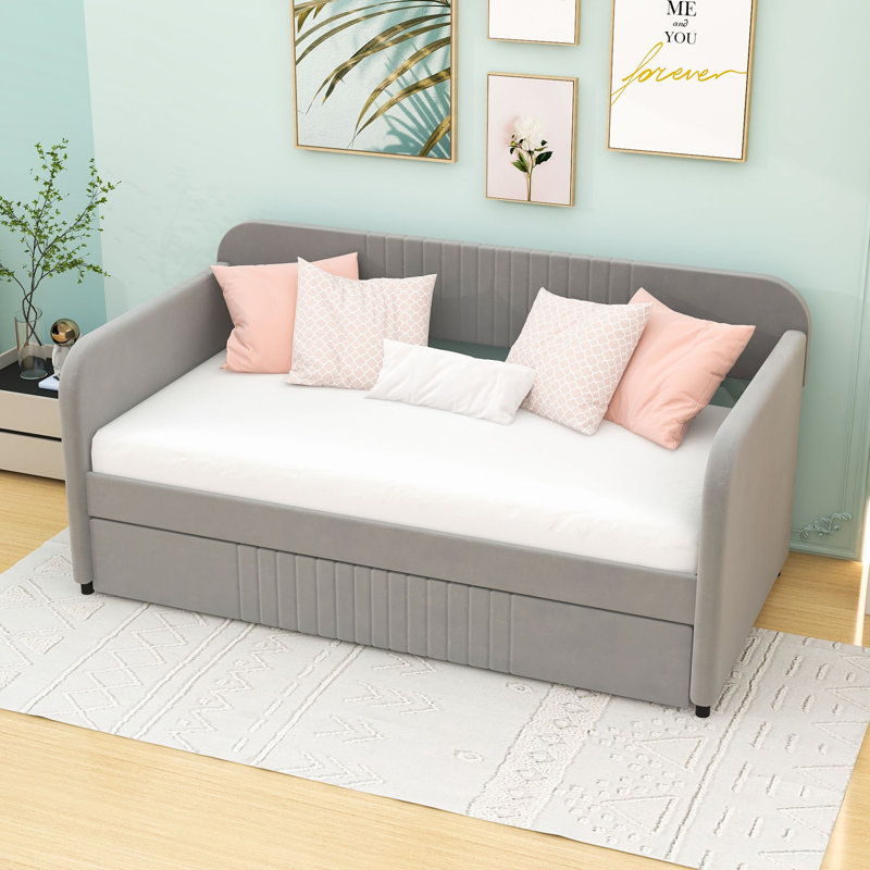 Tyrome Twin Size Velvet Upholstered Daybed With Twin Size Trundle, Gray