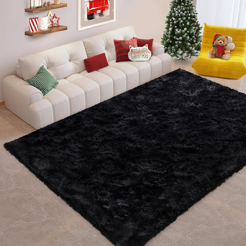 Soft Black Area Rugs For Bedroom Living Room, 4X6 Feet Modern Indoor Fluffy Shaggy Rug, Non-Slip Fuzzy Furry Rug For Nursery  Room Dorm Room Home Decor, High Pile Plush Floor Carpet