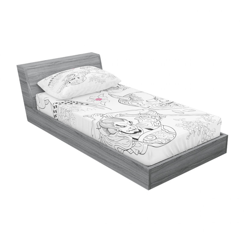 Ensemble de draps avec dessins japonais samurai warrior, Ensemble de draps pour lit simple avec drap-housse