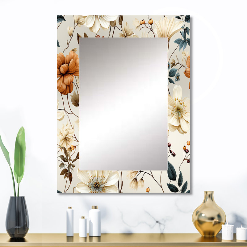 Yvanna Autumn Orange And White Cottage Flowers - Floral Large Wall Mirror, Cottage Decorative Mirror, Printed Metal Art