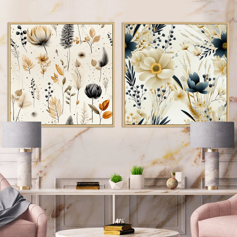 Fleurs géométriques grises et beiges - ensemble de 2 carrés botaniques abstraits, Cadre flottant brun, H 16 po x l 33 po