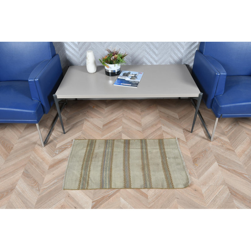 Small Vintage Green Striped Turkish Anatolian Kilim Rug Ideal for Bathrooms