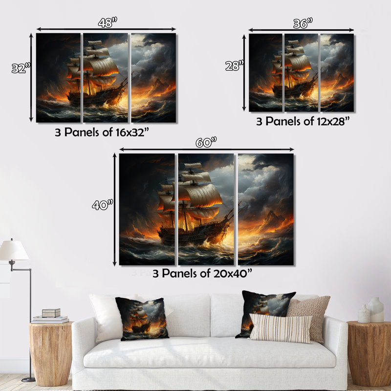 «Stormy Seas», art mural pirate, H 12 po x l 20 po x P 1 po, Cadre flottant brun
