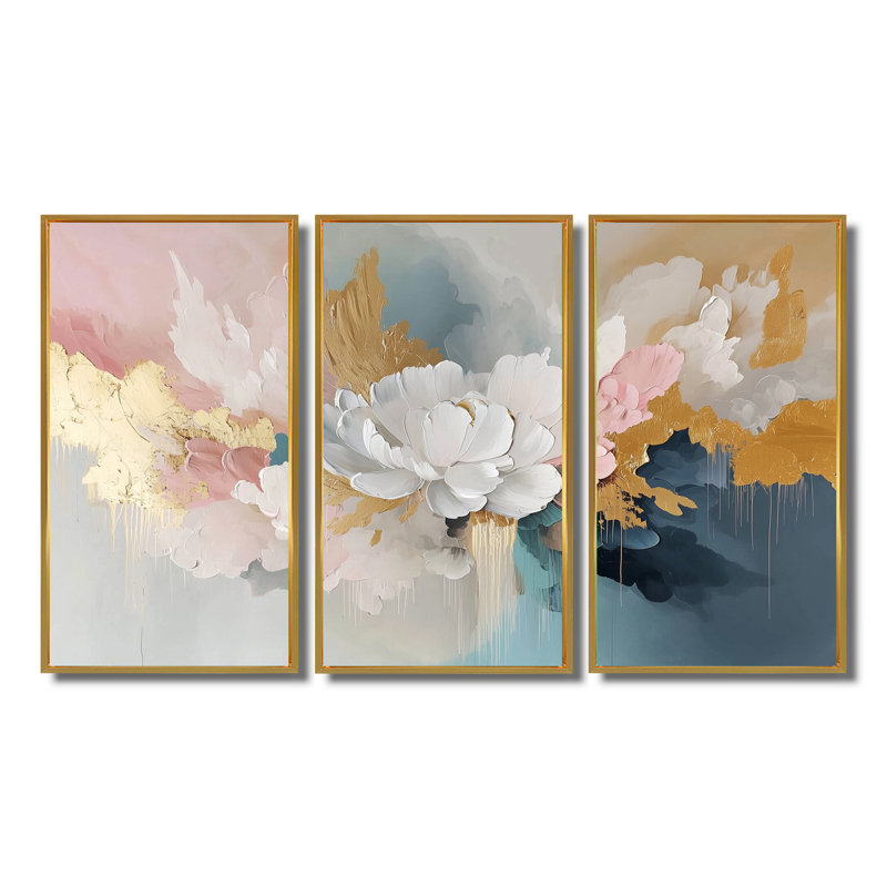 «White Brushstroke Abstract Paint III», ensemble de salon d'art mural pivoines, Toile avec cadre flottant or