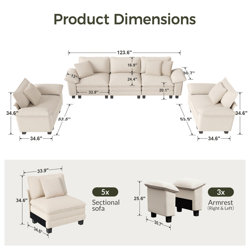Ensemble de canapé modulaire rembourré 3 pièces, ensemble de canapé surdimensionné avec canapé et fauteuils, Chenille ivoire