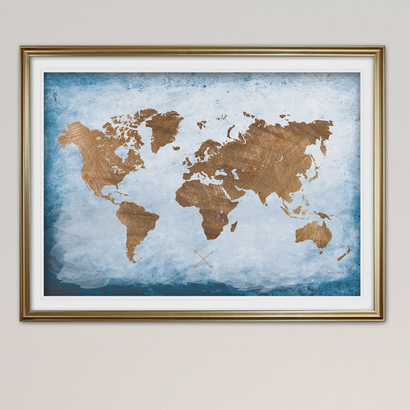 Washy World Map - reproduction d'art encadrée, Or, H 28 po x l 38 po x P 1,5 po