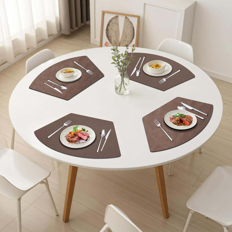 Placemats For Round Table Set Of 6, Faux Leather Wedge Shaped Place Mats For Dining Table, Heat Resistant Washable Wipeable Table Mats Reversible, Coffee
