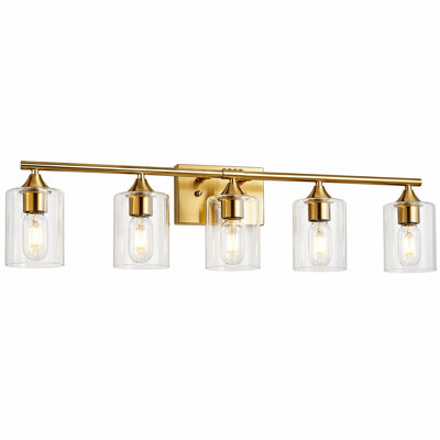 Applique murale de luxe à 5 lumières, fini or brossé, style ferme, avec abat-jour en verre transparent, idéale pour une grande salle de bain familiale.