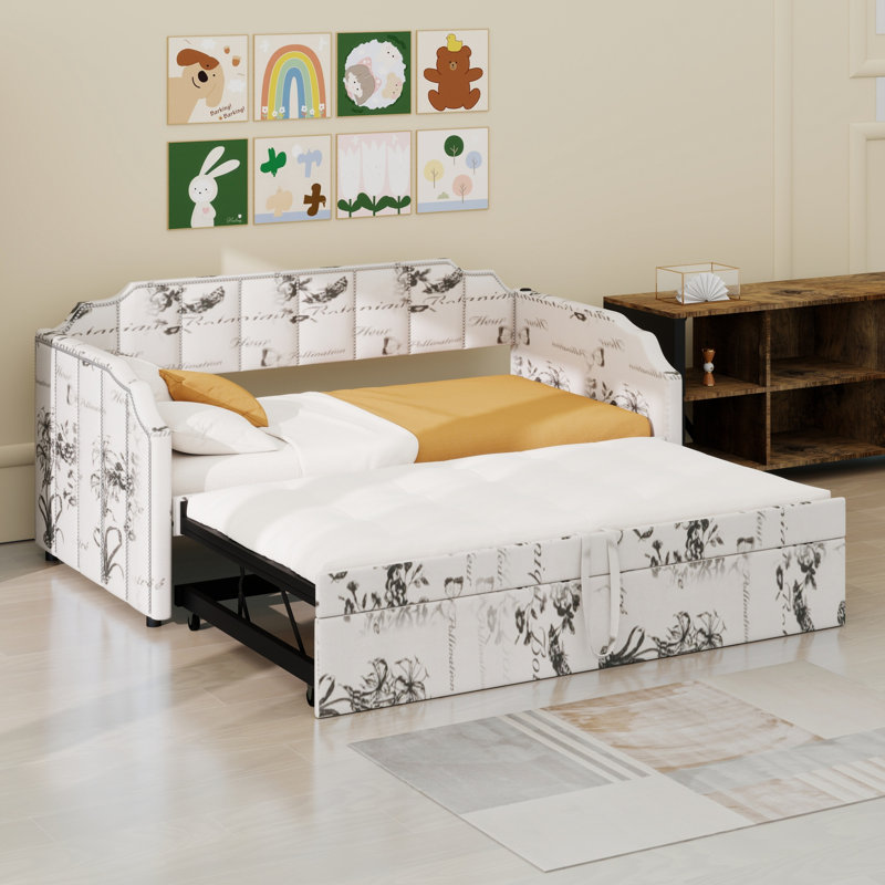 Multifunctional Daybed with Pop-Up Trundle, White Tossed Botanical