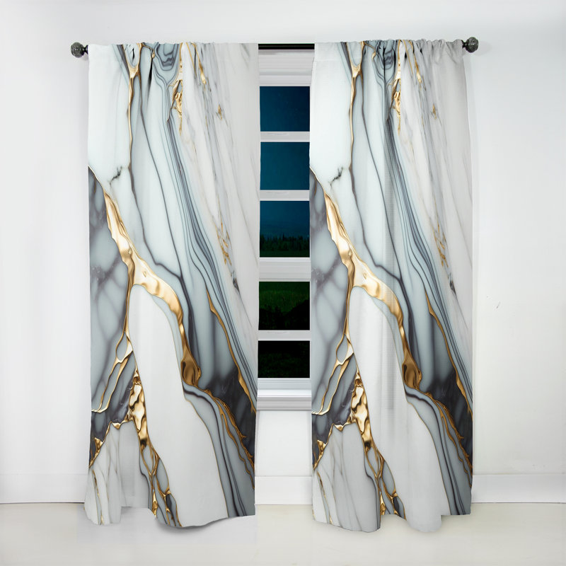 Abstract Geode Gold And White Marble V - Abstract Marble Curtain - Velvet Room Darkening - 1 panel, 52" W x 84" L