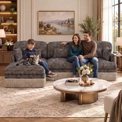Modern, Stylish Modular Sofa Set; 4-Seater L-Shaped Sofa In Chenille Leopard Print With Elegant Fringe Trim; For Living Rooms, Bedrooms, And Reception Areas
