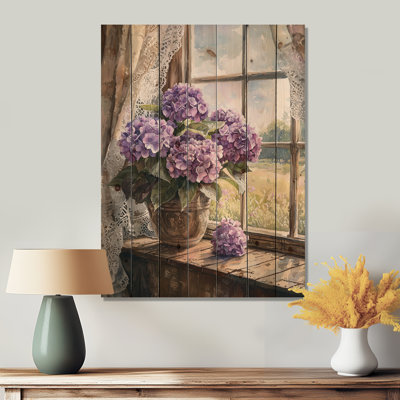 Hortensias par la ferme fenêtre I - Art mural en bois d'hortensias - sur bois de pin naturel