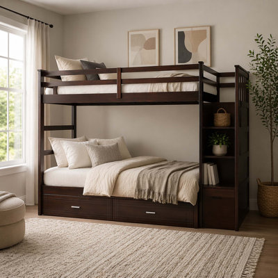 Twin Over Twin Bunk Bed with 2 Drawers and Staircase, Espresso